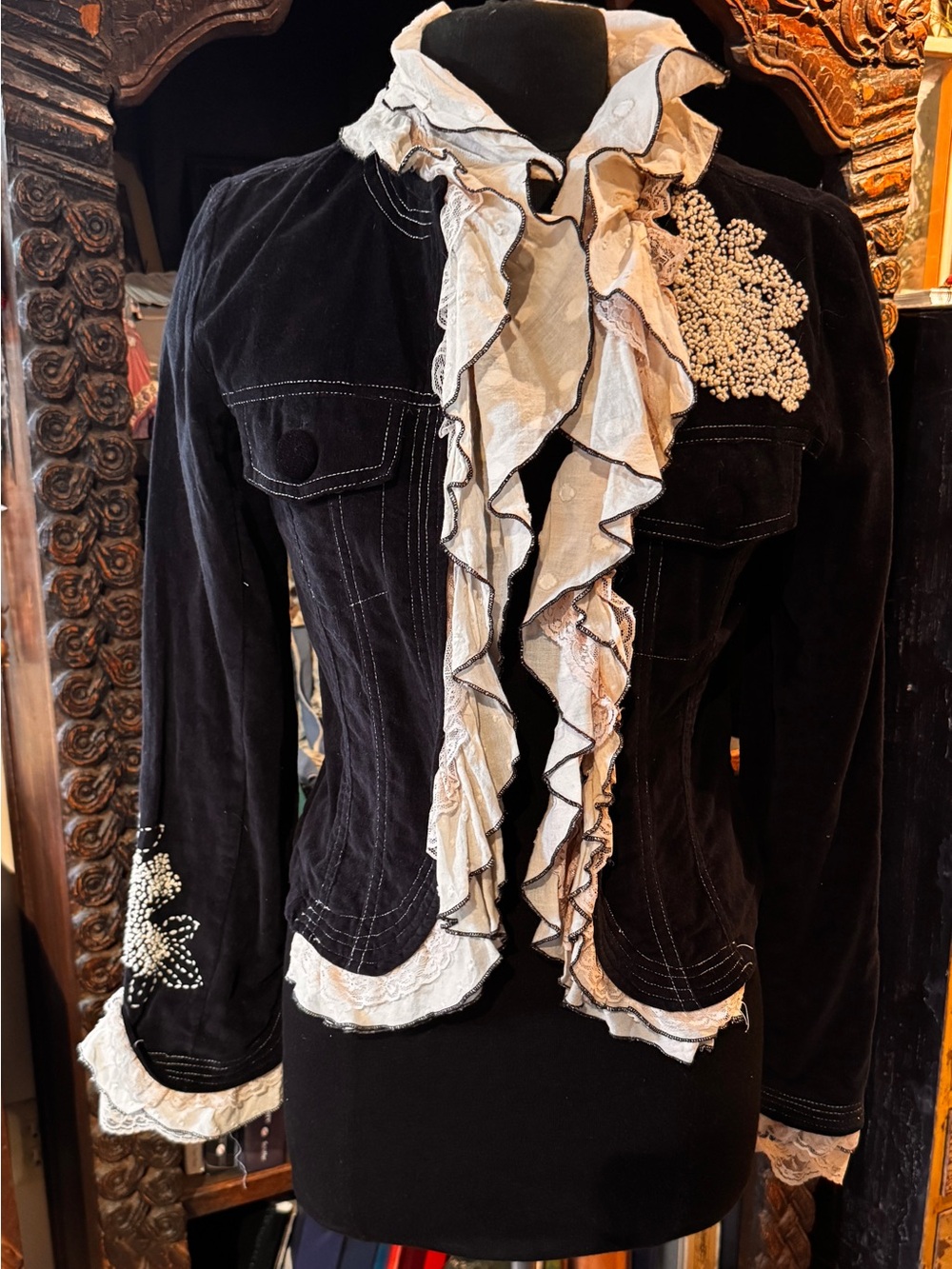 Women's Black Velvet Ruffle Jacket with Lace Trim